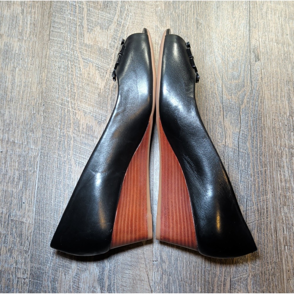 Tory Burch Lowell Peep-Toe Wedge Pumps Heels Black Leather Womens Size 9 M - Picture 8 of 12